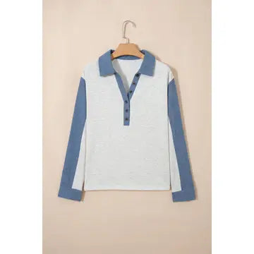Western Denim-Style Patchwork Collar Half Button Top