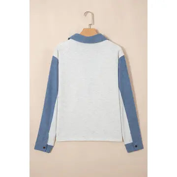 Western Denim-Style Patchwork Collar Half Button Top