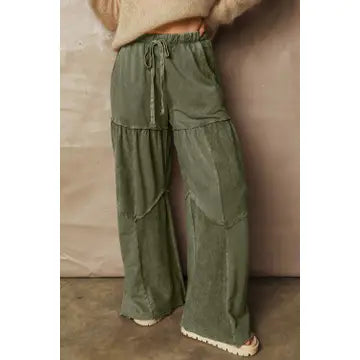 Mineral Wash Tiered Wide Leg Patchwork Drawstring Pants