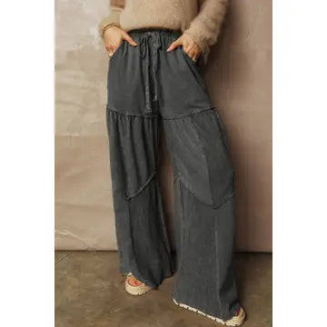 Mineral Wash Tiered Wide Leg Patchwork Drawstring Pants
