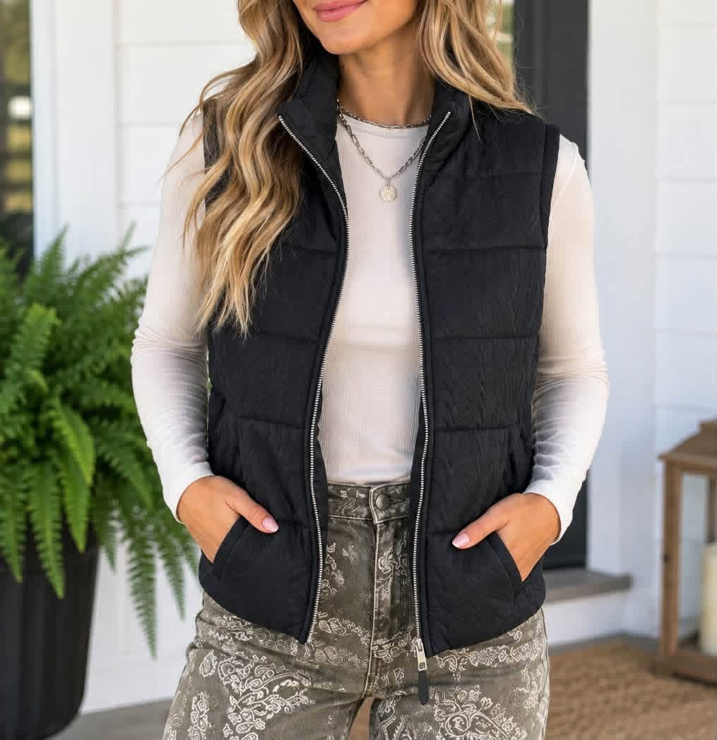 Black Textured Quilted Vest