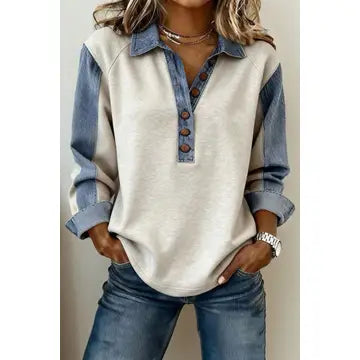 Western Denim-Style Patchwork Collar Half Button Top