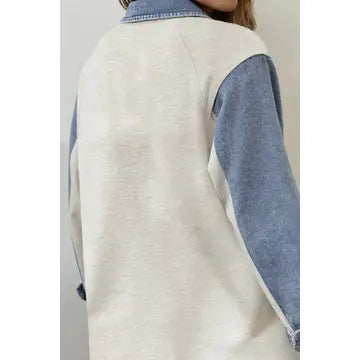 Western Denim-Style Patchwork Collar Half Button Top