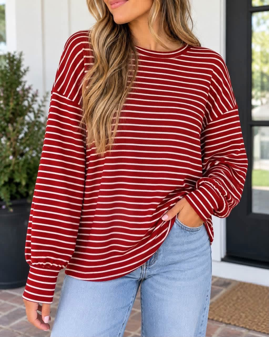 Red Stripe Drop Shoulder Top