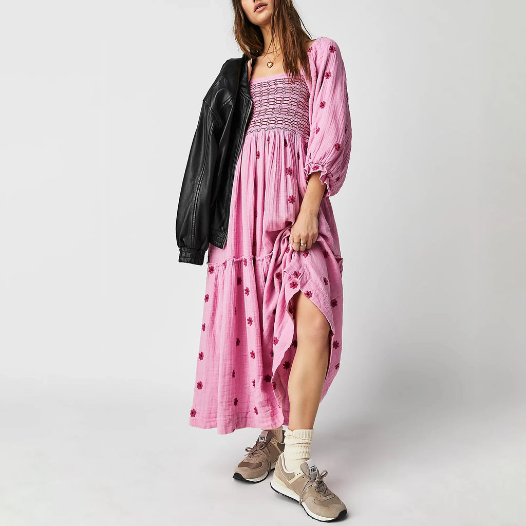 Embroidered Flowers Flowy A-Line Dresses