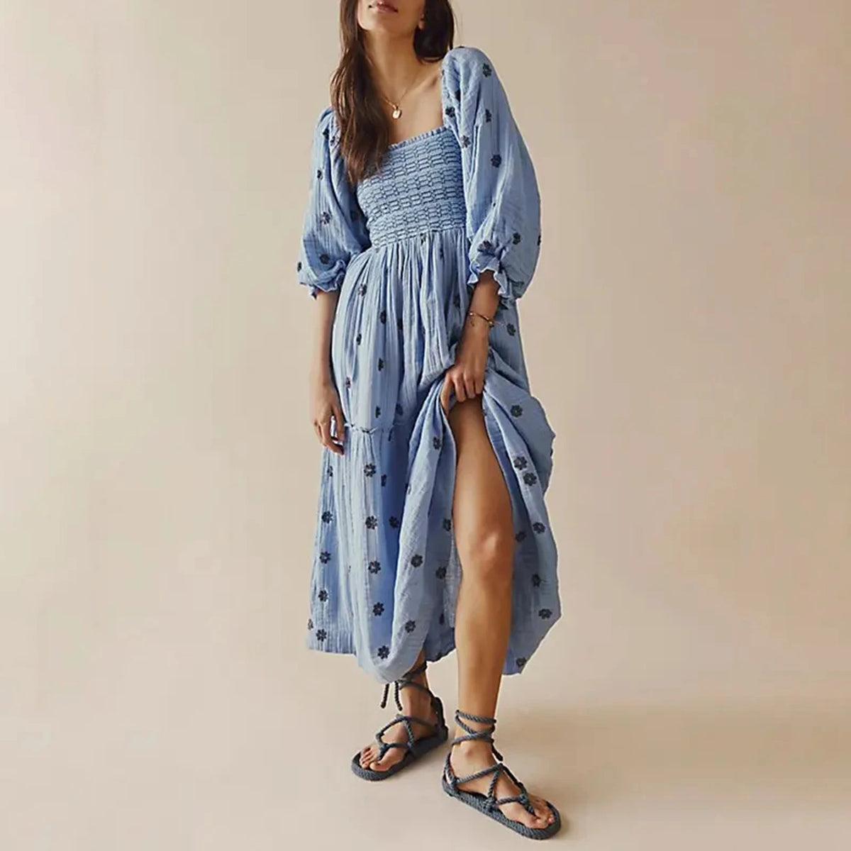 Embroidered Flowers Flowy A-Line Dresses