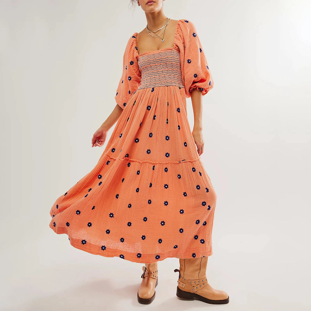 Embroidered Flowers Flowy A-Line Dresses