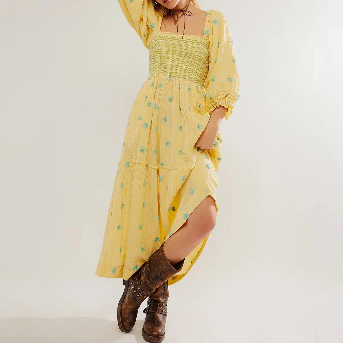 Embroidered Flowers Flowy A-Line Dresses