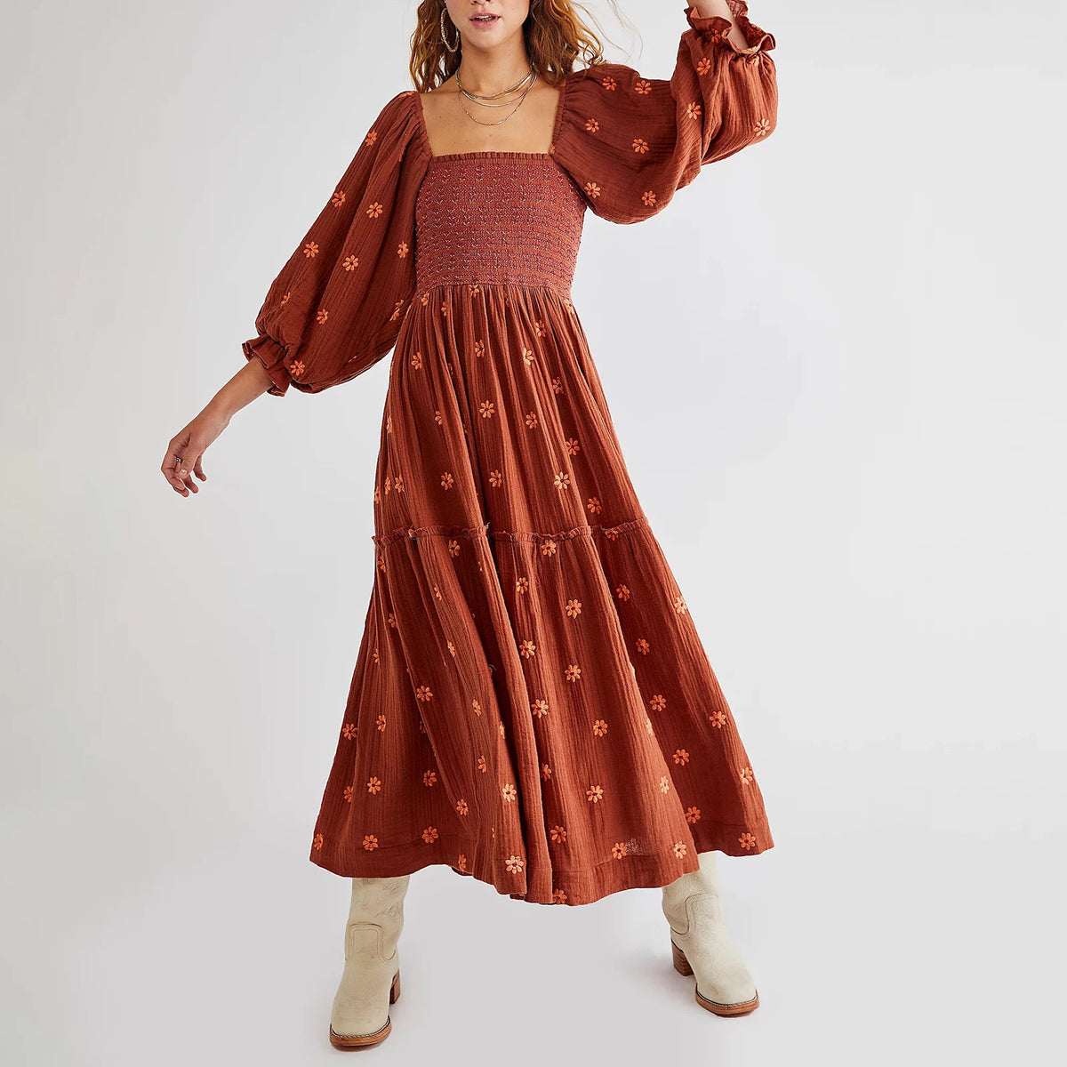 Embroidered Flowers Flowy A-Line Dresses
