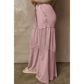 Mineral Wash Tiered Wide Leg Patchwork Drawstring Pants