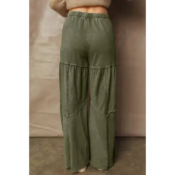 Mineral Wash Tiered Wide Leg Patchwork Drawstring Pants