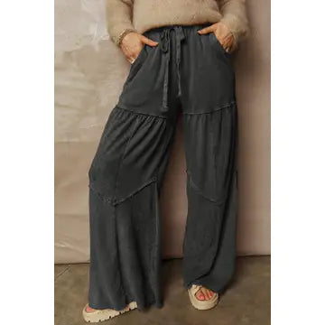 Mineral Wash Tiered Wide Leg Patchwork Drawstring Pants