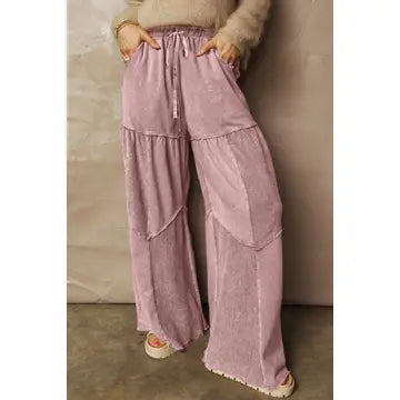Mineral Wash Tiered Wide Leg Patchwork Drawstring Pants